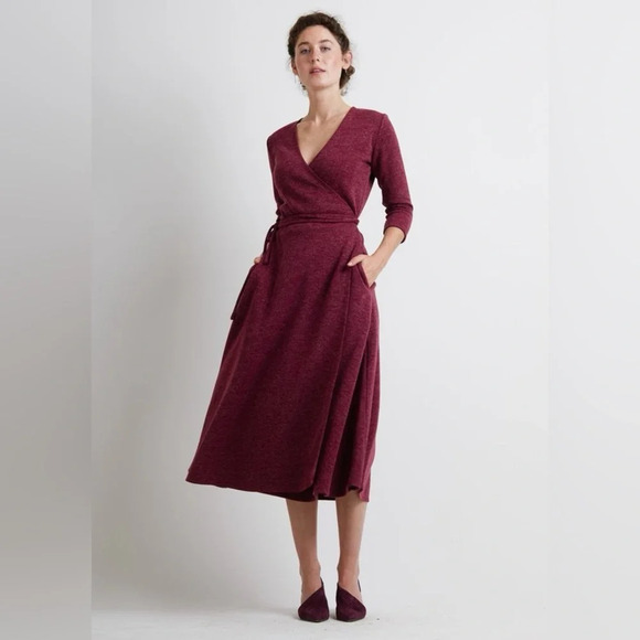 Christine Alcalay Small Wrap Sweater Dress Burgundy Midi Length Pockets - Picture 3 of 14